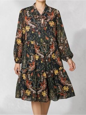 Signature by Robbie Bee Black Floral Paisley Tiered Chiffon Dress Size M